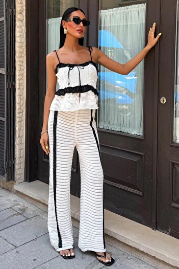 WeShaya Women's Ecru Cotton Polyester Strap Long Knitwear Set