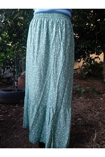 hoaryage Elastic Waist Ruffled, Button Detailed Crispy Floral Viscose Push Skirt36-44Size
