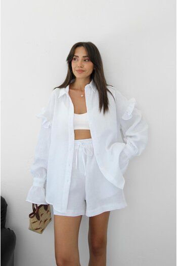 Havoş White Ruffled Sleeves Shirt Shorts Muslin Set