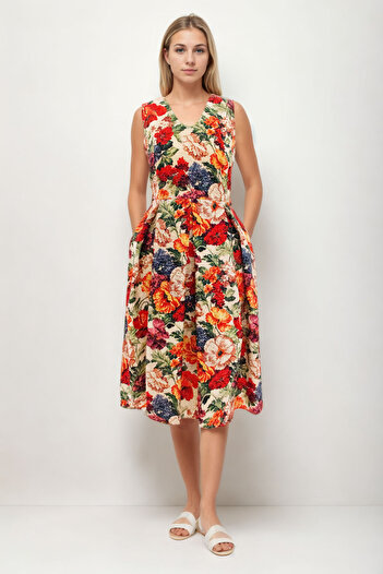 Vitrin Floral Pattern V Neck Pleated Tie Waist Dress
