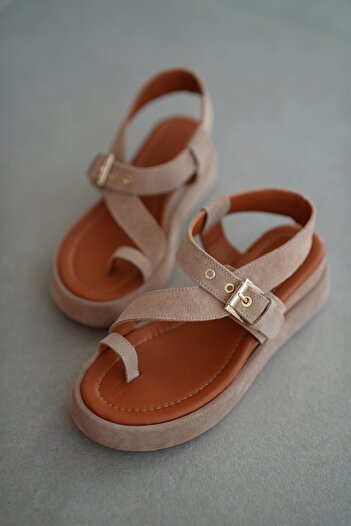 selinshoes Ferny Flip Flops Genuine Leather Women's Sandals - Beige Suede