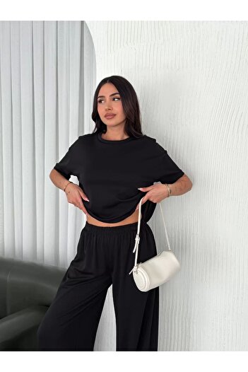 MODA Osy Modal Soft Textured Fabric Crew Neck T-shirt Φαρδύ παντελόνι Pantalon διπλό κοστούμι - Μαύρο
