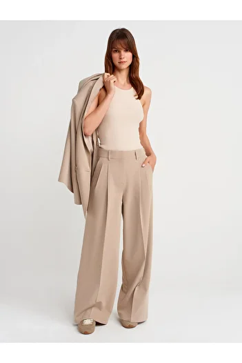 Dilvin 71606 Extra Wide Leg Adjustable Trousers-Light Beige