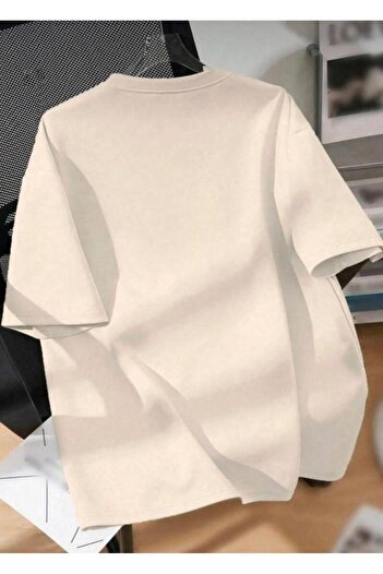 khufu Oversize μπεζ χρώματος βαμβακερό μπλουζάκι Brooklyn με εμπριμέ άνετο κομμένο ποδηλατικό μπλουζάκι Unisex