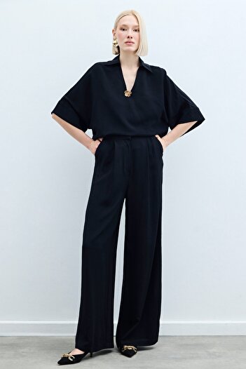 Sateen Linen Blend Trousers - Black