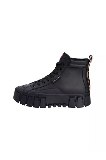 Tommy Hilfiger Kadın Leopar Detaylı Platform Tabanlı Bilekli Sneaker - Siyah