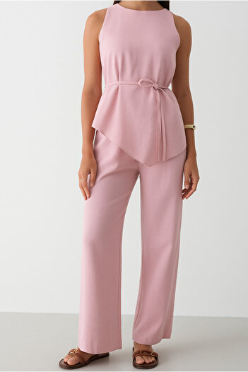 My Blog Pink Belted Asymmetrical Blouse Set - 8784