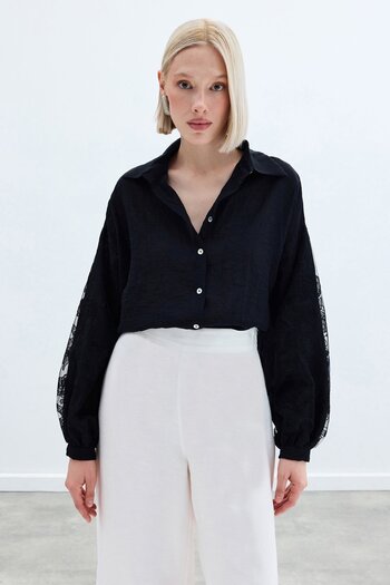 Sateen Embroidery Detailed Crashed Shirt - Black