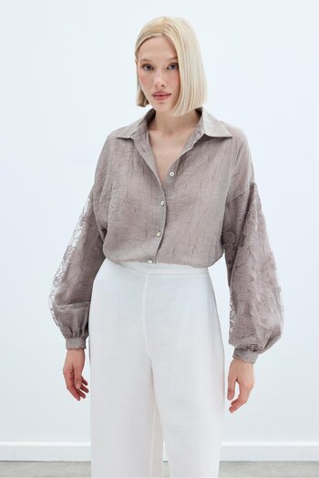 Sateen Embroidery Detailed Crashed Shirt - Mink