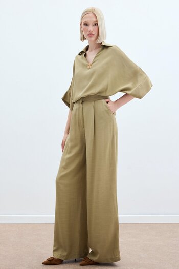 Sateen Linen Blend Trousers - Khaki