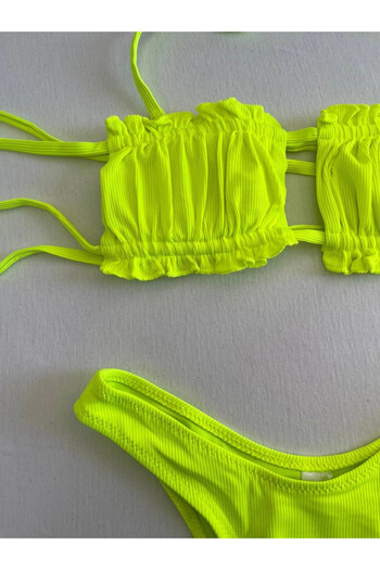 hazelin Women's Neon Green String Tie-Up Gathered Strapless Bikini Suit Hzl25S-Lc2226