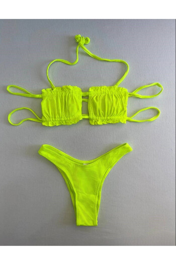 hazelin Women's Neon Green String Tie-Up Gathered Strapless Bikini Suit Hzl25S-Lc2226
