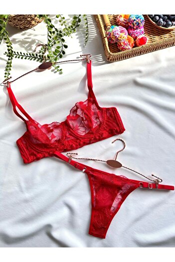 kiari Red Floral Embroidered Underwire Unlined Brode Underwear Set