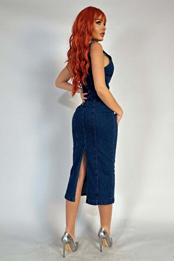 WildFashion Rochie lunga, casual din denim albastru usor elastic G843-4