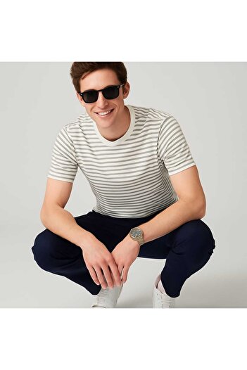 LACİVERTMEN 3005 Ecru Gray Horizontal Stripes Crew Neck T-Shirt, Modern Design for Summer Stylish Casual Combinations