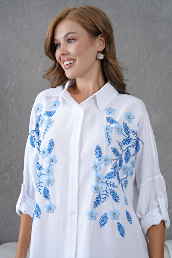 MVStore Embroidered Stone Linen Oversize Shirt Tunic