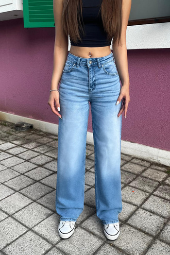 BİKELİFE Blugi de damă cu talie înaltă din Lycra cu efect retro cu picioare largi