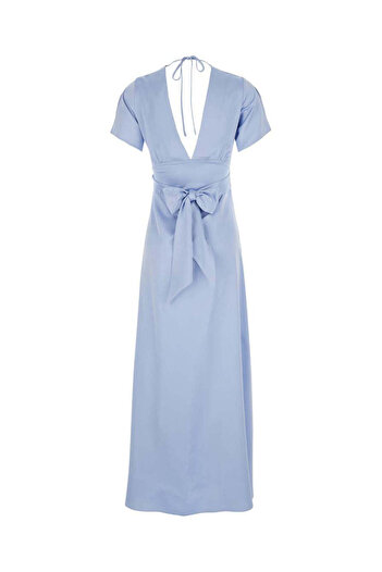 PLAIN Rochie lungă albastru deschis cu fundă la spate din material textil pentru femeie