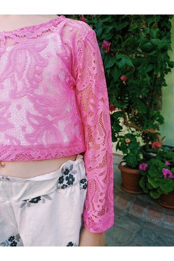 Eylül Lace Crop with Suspender Inside Combed Cotton T-Shirt