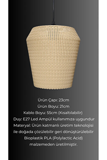decory Pegasi Hasır Renk Rattan Görünümlü Avize, Pinterest Tarzı Tekli Sarkıt Avize (Bioplastik) E27