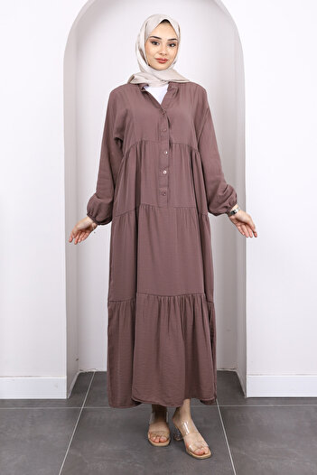 İmajButik Φόρεμα Koyuv Mink με μισό κουμπί και φούστα Modal