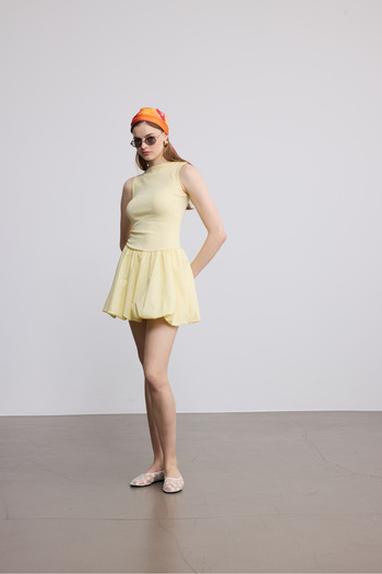 SevdeUgur Women's Yellow Poplin Skirt Short Balloon Dress