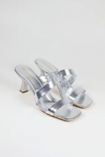 NiceDiffer Women's Silver Ankle Strap Metallic Crocodile Heeled Slippers
