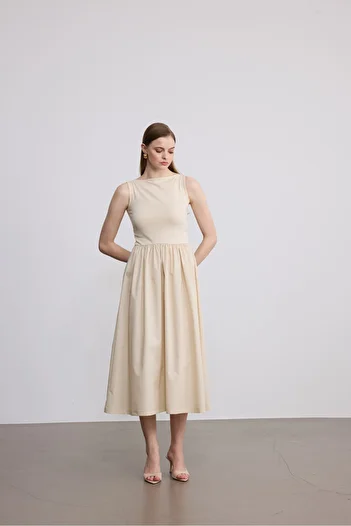 SevdeUgur Γυναικείο Maxi Size Stretchy Knitted Top με φούστα από ποπλίνα Κομψό φόρεμα με λουράκι κρέμας / Sevde Ugur