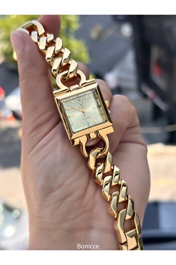 Fiesta Zincir ÇELİK Kordon, Sarı Gold Renk ,Düğün, Nişan , Şık Kutuda Gelin Saati Kadın Saat Bileklik