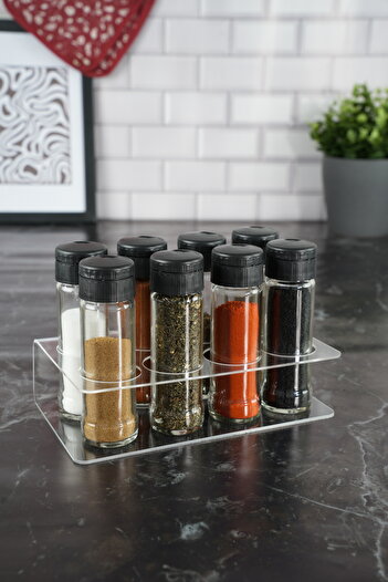 Etka Dizayn Set of 8 Spice Jars with Transparent Plexiglass Stand – 105 Cc Glass Bottles