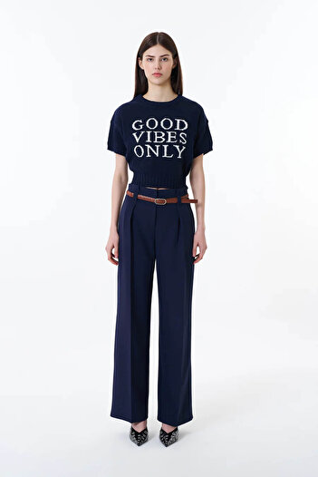 Quzu Belt Detailed Navy Blue Women's Trousers 71262