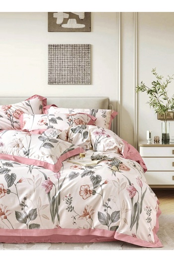 Master Home Textile Cotton Sateen Floral Comforter Set, 300TC, Removable Filling, Fits 200x200 Bed, 9Pcs King Size