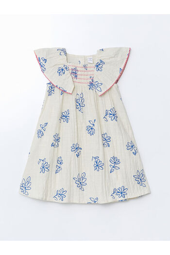 LC Waikiki Lcw kids ecru floral pleated girls' linen dress