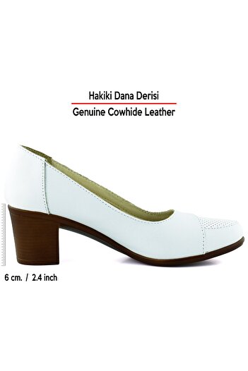 Erkan Saçmacı Sarah White Genuine Calfskin Hole Detailed Thick Heeled Casual Classic Shoes