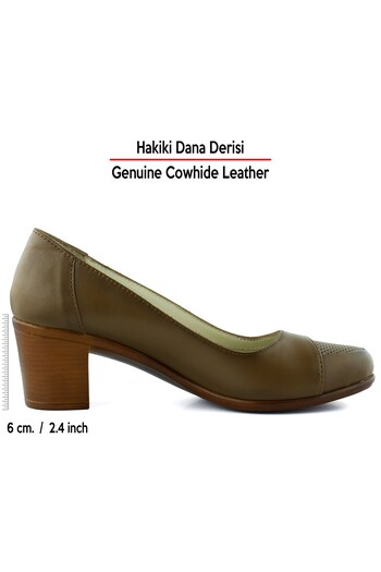 Erkan Saçmacı Sarah Brown Genuine Calf Leather Hole Detailed Thick Heeled Casual Classic Shoes