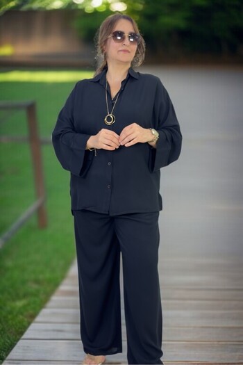 yagmurberen Flexible Cotton Summer Fabric Bat-Sleeve Shirt with Elastic Waist Pocket Trousers Large Size Double Set