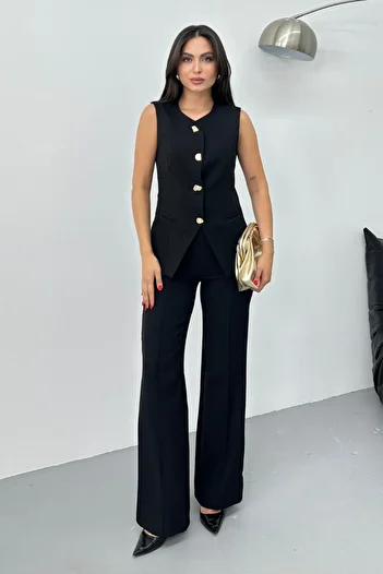 spirituel Set de pantaloni cu vestă obișnuită pentru femei, cu două piese, cu detaliu elegant cu nasturi