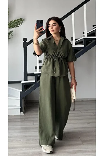 Oslove Khaki Washed Tnsel Fabric Shirt-Pants Set