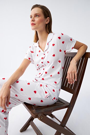 Akbeniz Women's White Red Heart Front Button Pajama Set