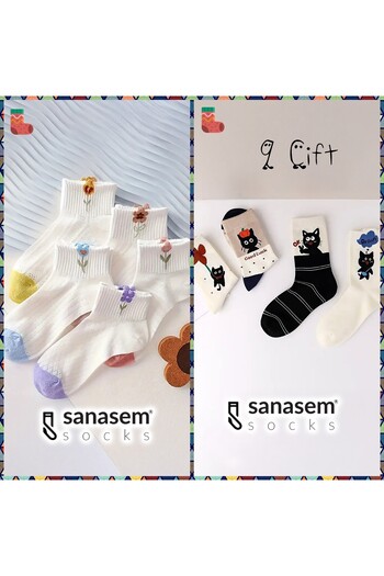 SANASEM Комплект от 2 - 5 чифта бродирани + 4 чифта дамски чорапи до глезена с фигура на котка