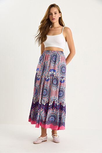 Bianco Lucci Women's Patterned Elastic Waist Long Vsicon Skirt 8045 60283479