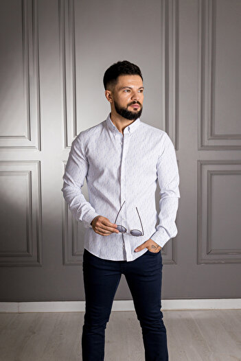 Sarar Interview Sarar Goias Collar Button Patterned Slim Fit White Blue Shirt