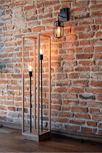 nijiartdesign 120 CM Doğal Ahşap Kayın Ağacı El Yapımı Çift Ampullü Retro Lambader RUSTİK LED AMPUL HEDİYELİ