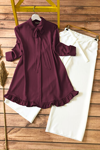 MODAQU Combination Ribbon Ruffle Detailed Tunic and Trousers - Burgundy