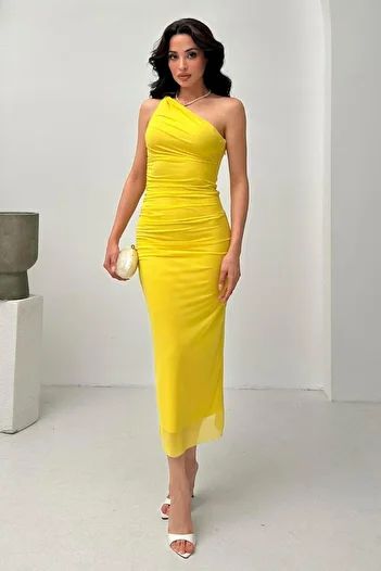 Serica Moda Yellow One Shoulder Midi Dress