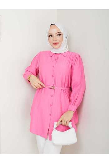 Gc.Butiq Women's Belted Front Buttoned Strawberry Tunic - Shirt
