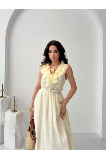 Serica Moda Yellow Ruffle Collar Belted Lined Tulle Dress