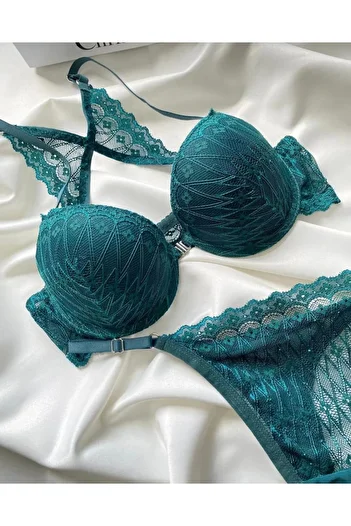 ARONA Front Opening Supported Emerald Green Lace Detailed Bra Set