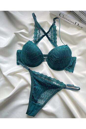 ARONA Front Opening Supported Emerald Green Lace Detailed Bra Set
