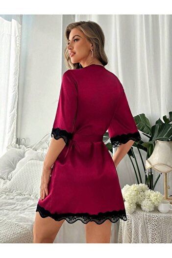 Jermo Women's Front and Sleeves Lace Detail Simple and Stylish Solid Color Short Satin Dressing Gown